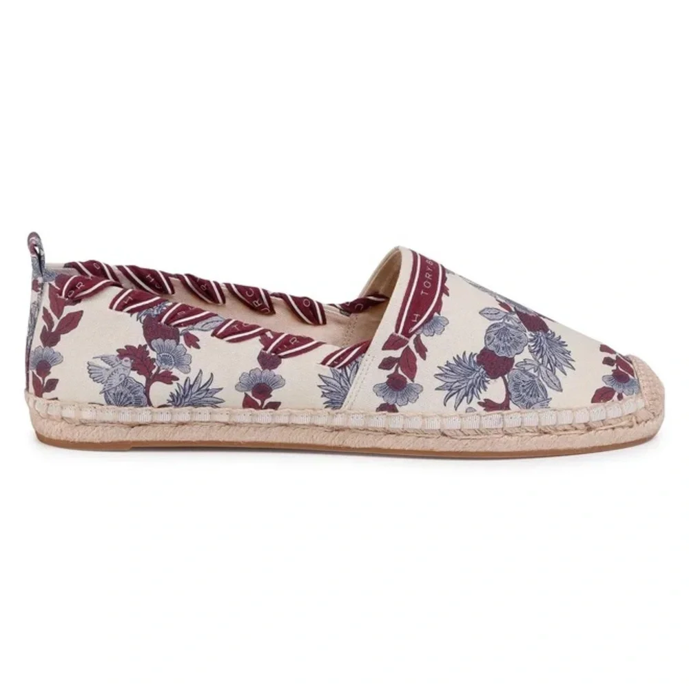 TORY BURCH Grosgrain Whipstitch Floral Imperial Garnet Espadrilles Flat,Sz 7,NIB